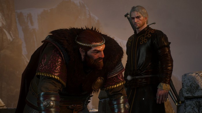 Geralt of Rivia and a Skellige warlord in The Witcher 3