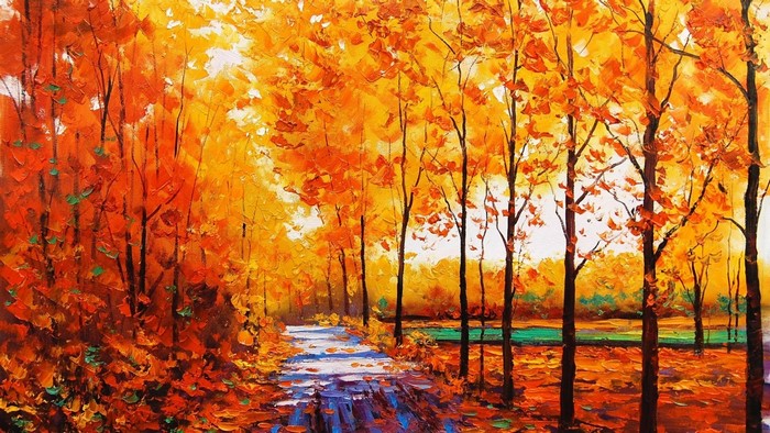 Oil painting of a forest path in autumn