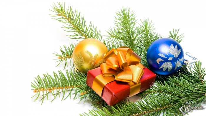 Christmas gift and ornaments on fir branches