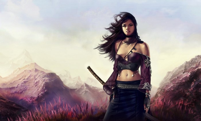 Fantasy art of a woman warrior with a katana