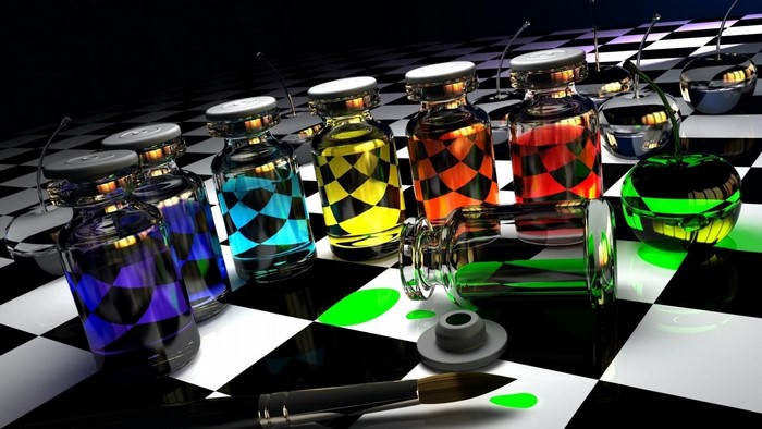 Colorful glass bottles with checkered patterns and cherries