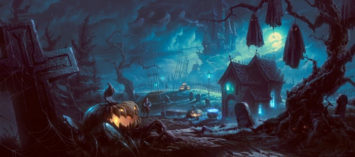 Halloween graveyard with haunted house and pumpkins