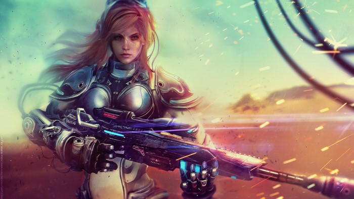 Nova from StarCraft holding a futuristic rifle