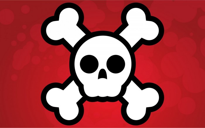 Skull and crossbones illustration on red background