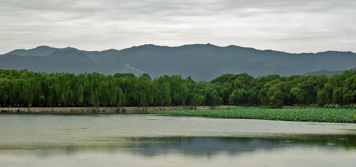 Lake with trees and mountains under cloudy sky