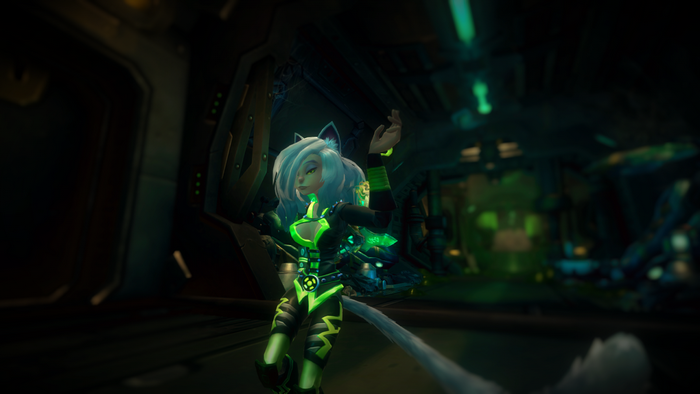 Aurin from Wildstar in a dark, futuristic setting