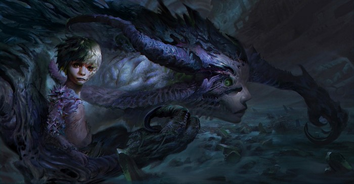 Mystical Child with Dragon in Dark Fantasy Realm