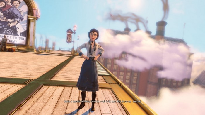 Elizabeth from BioShock Infinite on a sky-piercing boardwalk
