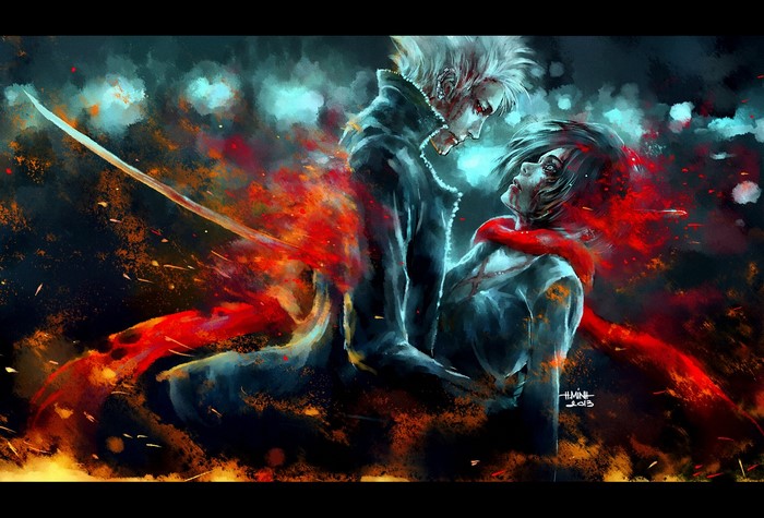 Anime characters with sword and fire
