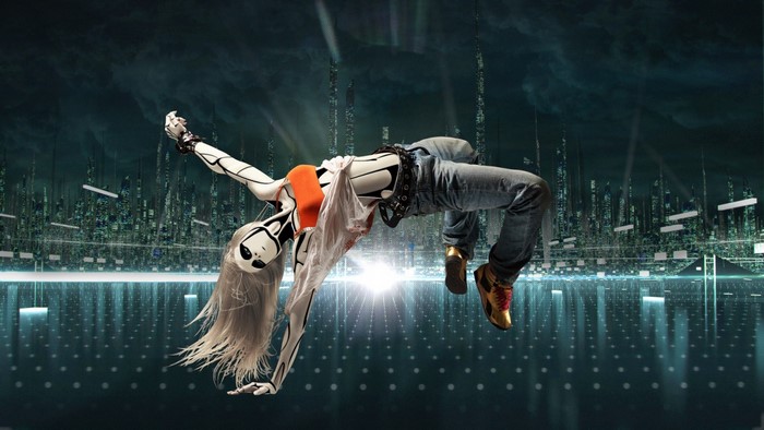Robot dancer performing in a futuristic city