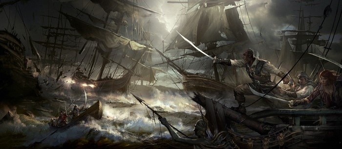 Pirate ships in a stormy ocean battle