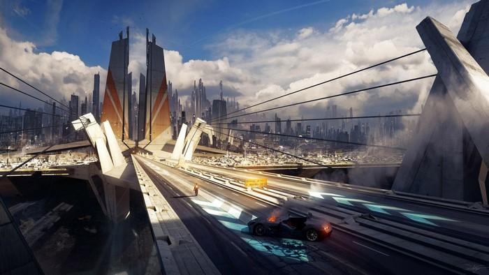 Futuristic cityscape with a burning car on a bridge