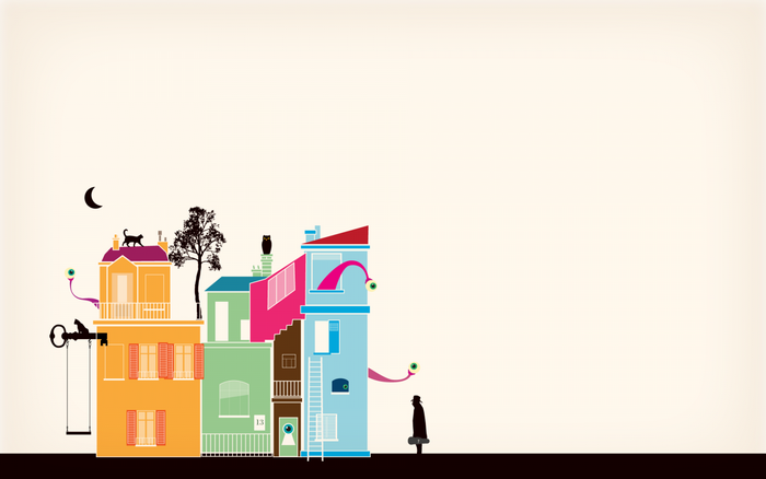Whimsical illustration of colorful buildings with surreal elements