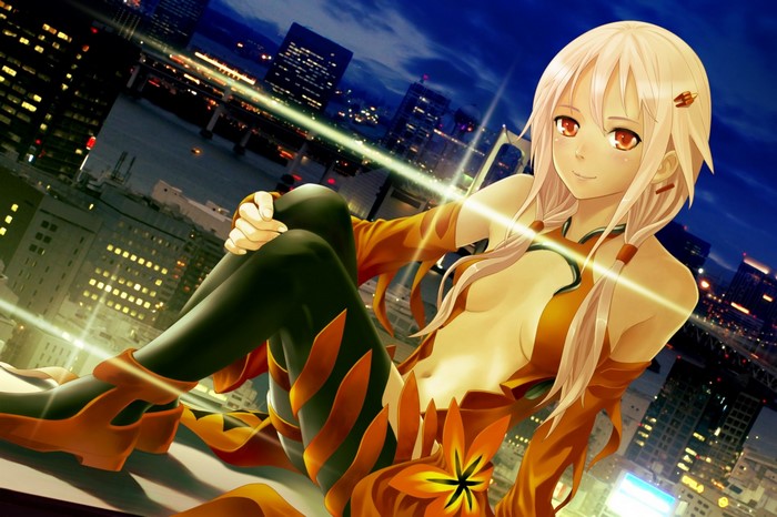 Yuzuriha Inori from Guilty Crown sitting on a rooftop at night