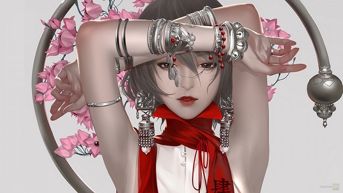 Anime girl with silver bracelets and red scarf
