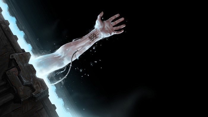 Futuristic arm emerging from glowing portal