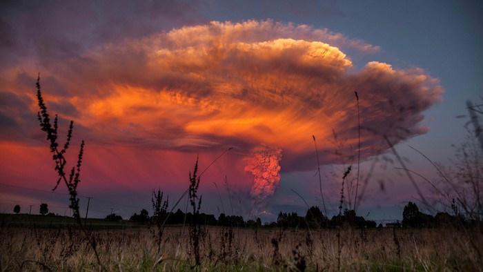 Calbuco Volcano eruption at sunset