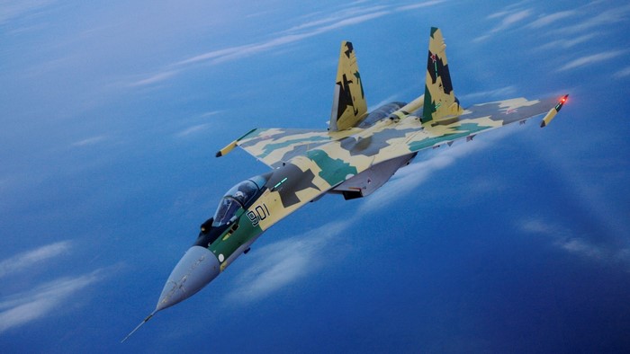 Sukhoi Su-35 fighter jet flying in the sky