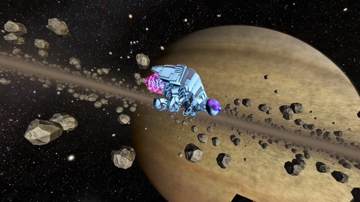 Spaceship near a ringed planet and asteroid field