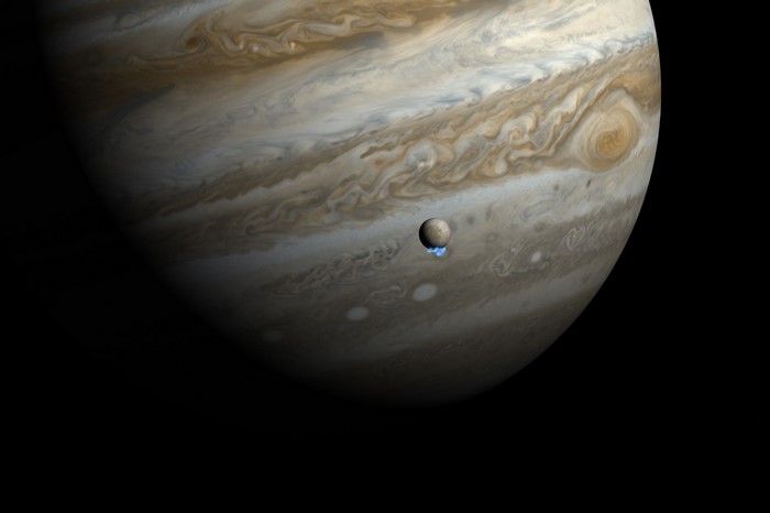 Jupiter with Europa and its Plumes in Space