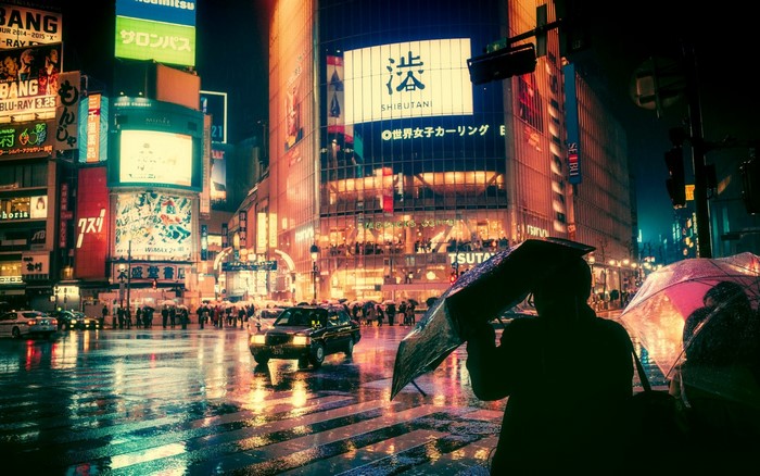 Shibuya Crossing at Night in the Rain, Tokyo