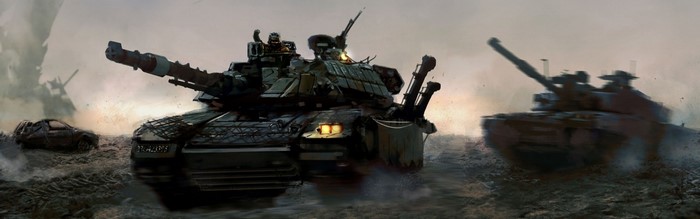 Two military tanks in a desolate landscape
