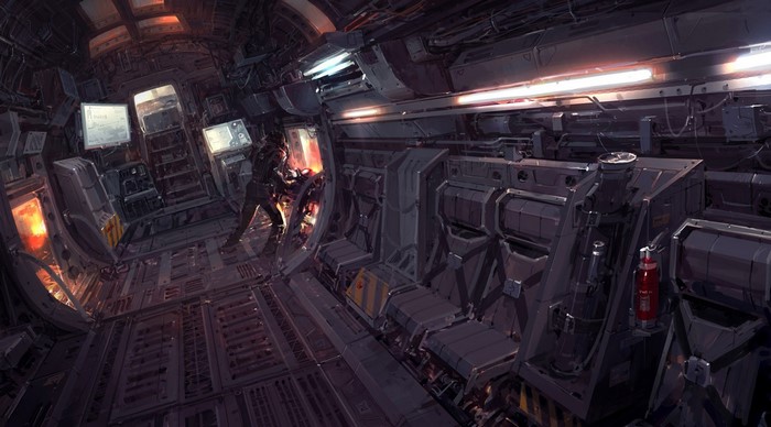 Interior of a spaceship corridor with a person