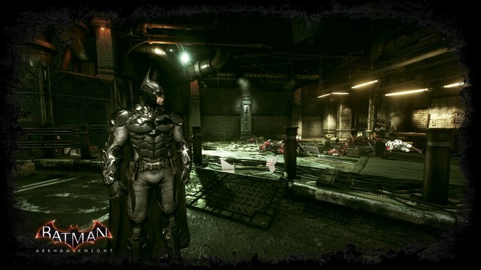 Batman from Batman Arkham Knight in a dark industrial area