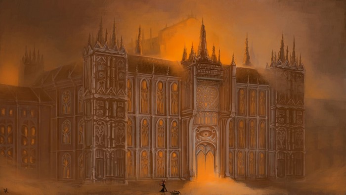 Gothic architecture building with glowing windows