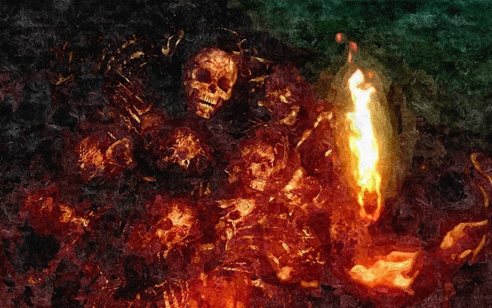 Skulls and fire in a dark, textured painting