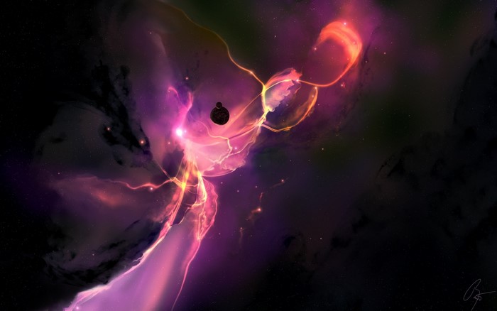 Nebula with planet and cosmic lightning