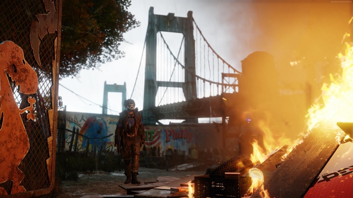 Soldier in a post-apocalyptic city with a bridge and fire