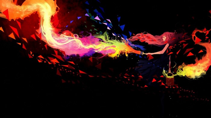 Girl painting with fire and colorful smoke