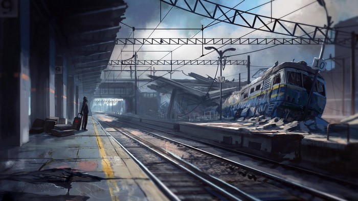 Apocalyptic train station with destroyed train and lone traveler