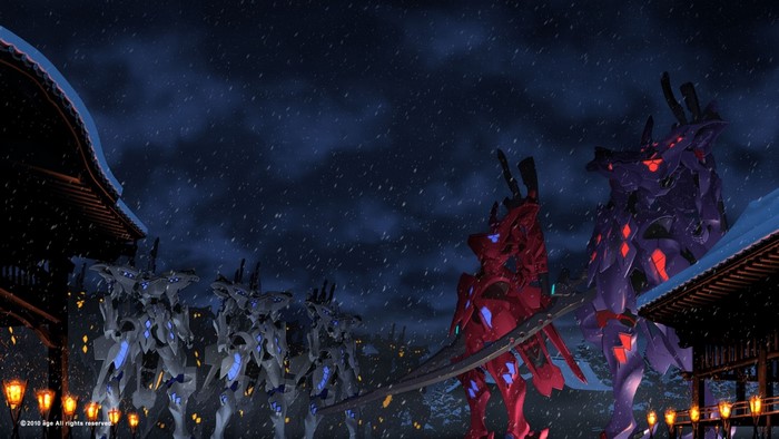 Mechs in a snowy Muv-Luv scene at night