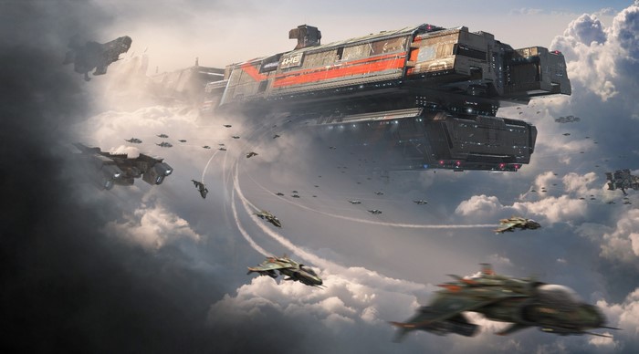 Spaceships and aircraft flying through clouds