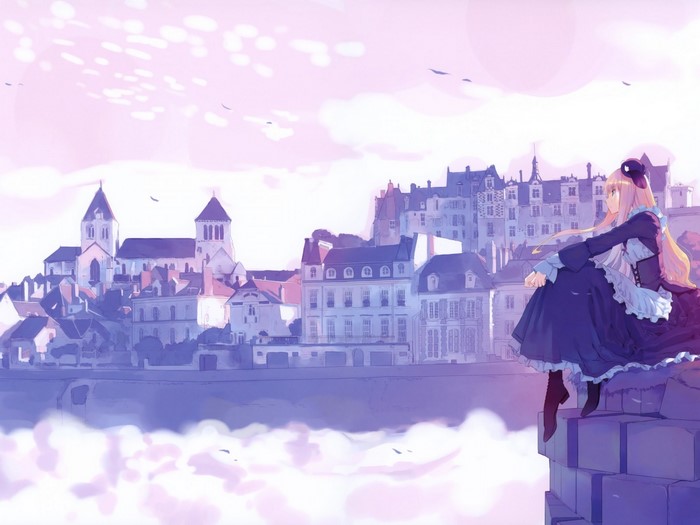 Anime girl sitting on a ledge overlooking a city