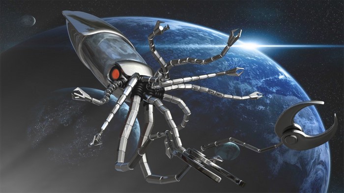 Futuristic mechanical squid spaceship near a planet