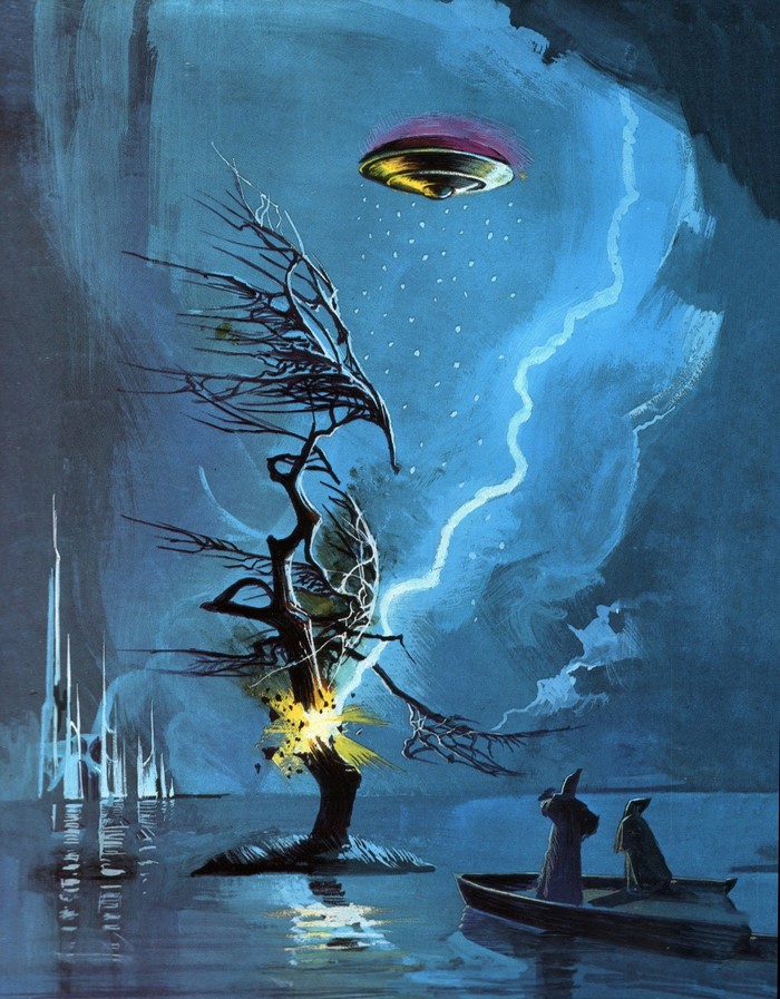 UFO over a lightning-struck tree in a lake with figures in a boat