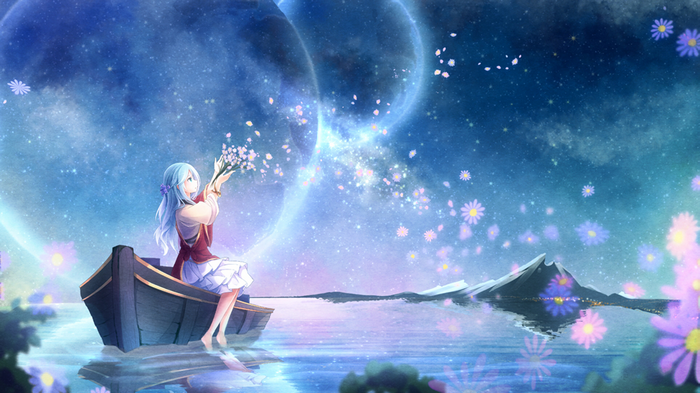 Anime girl in a boat with flowers in space