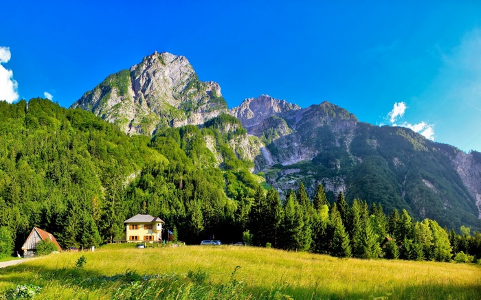 Yellow house and barn in front of green mountains