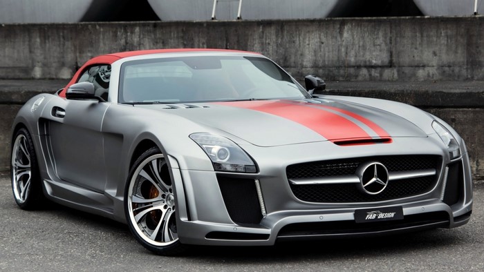 Silver Mercedes Benz SLS AMG with red stripes