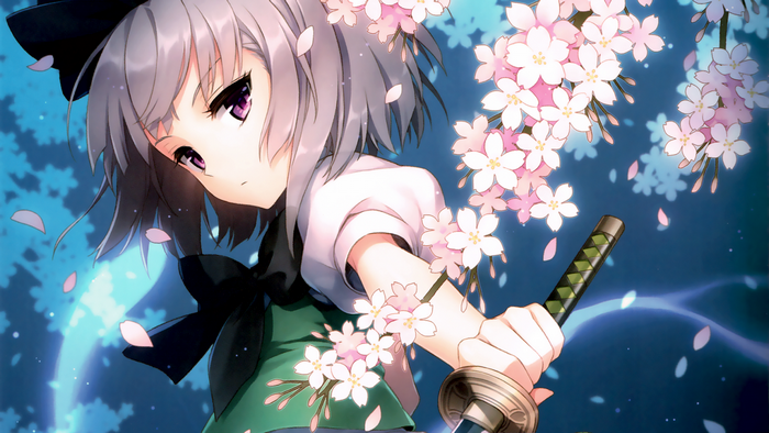 Konpaku Youmu from Touhou with cherry blossoms and katana