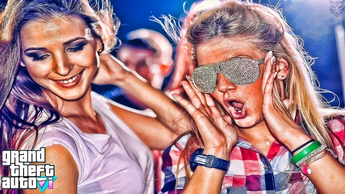 Two women at a nightclub with Grand Theft Auto VI logo