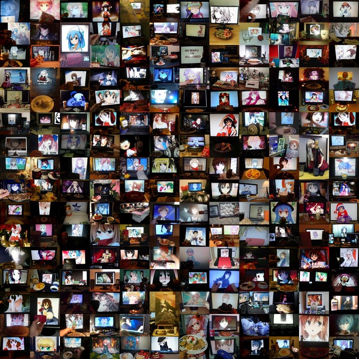 Collage of anime screenshots on TVs