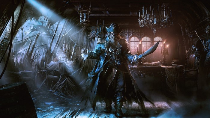 Ghost pirate captain in a dark ship cabin