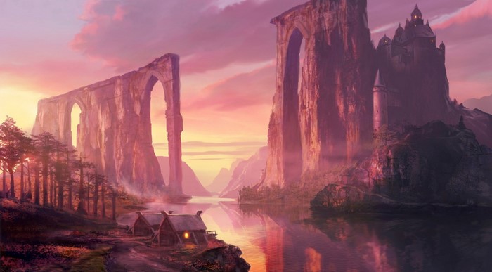 Fantasy landscape with ancient ruins and a castle at sunset