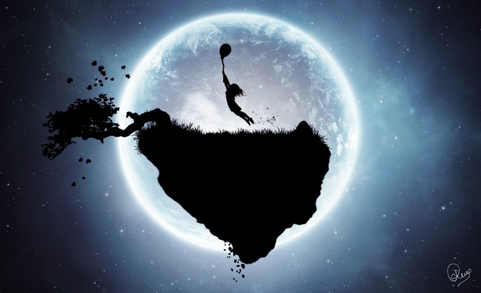 Silhouette of a child holding a balloon on a floating island