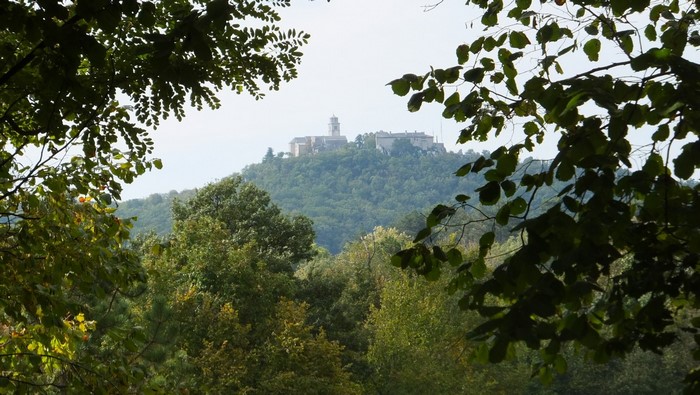 Sanctuary on a hill in Monrupino, Italy, seen through trees