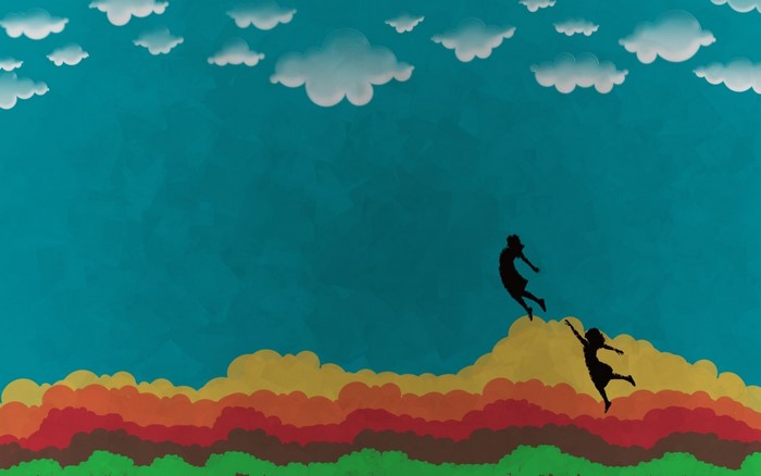 Two children jumping on clouds
